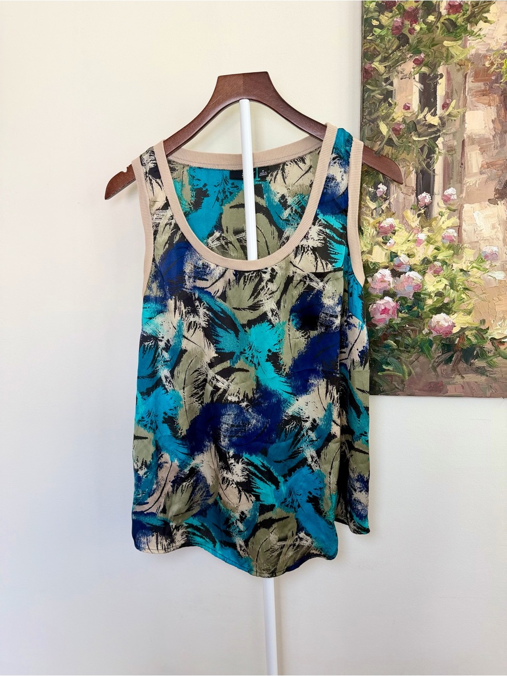 a.n.a Women’s Blue Teal Abstract Feather Palm Leaf Tank Top Medium